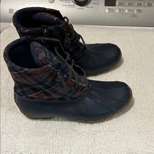 Navy and Plaid Duck Boots